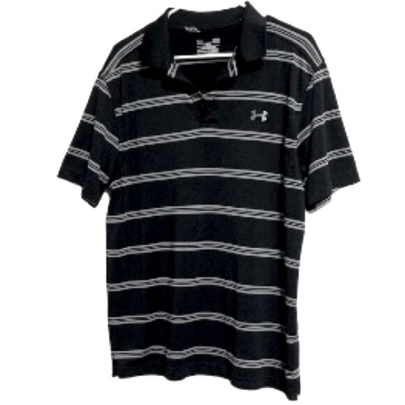 UNDER ARMOUR Black Gray Striped Collar Polo Shirt HeatGear Loose Mens Large - Picture 5 of 15